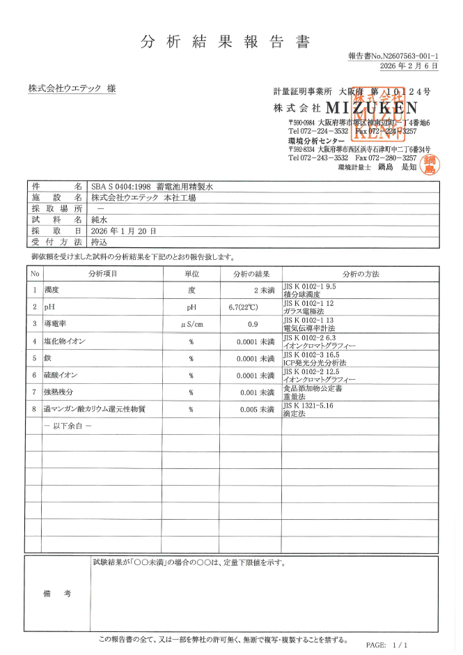 5-精製水 分析結果報告書