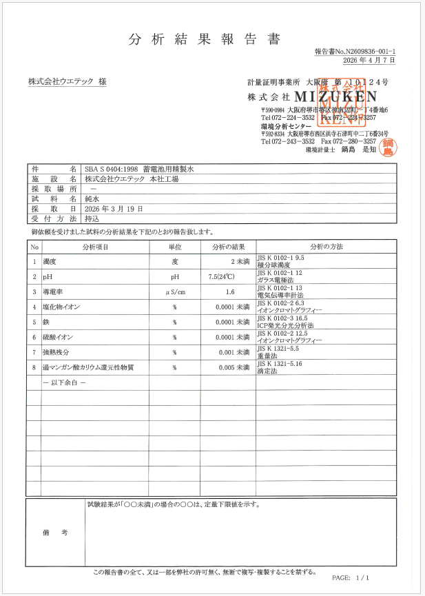 3-精製水 分析結果報告書