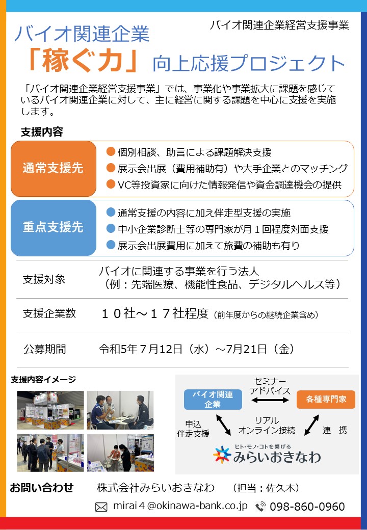 【公募】令和５年度『バイオ関連企業「稼ぐ力」向上応援プロジェクト』　公募開始のお知らせ